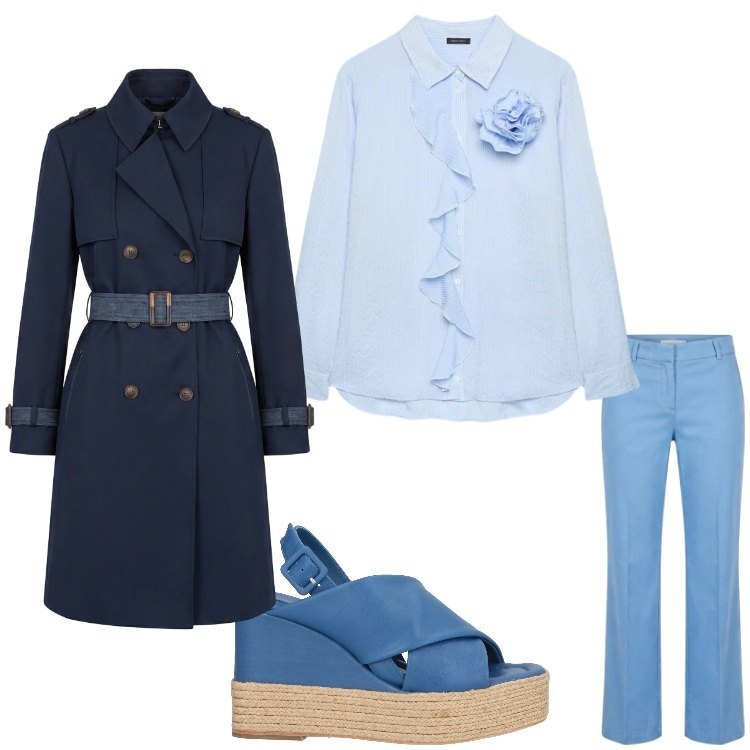 Outfit donna - Cielo. Stile Casual chic per Ufficio. Abbinamento con espadrillas, camicie, trench, pantaloni.