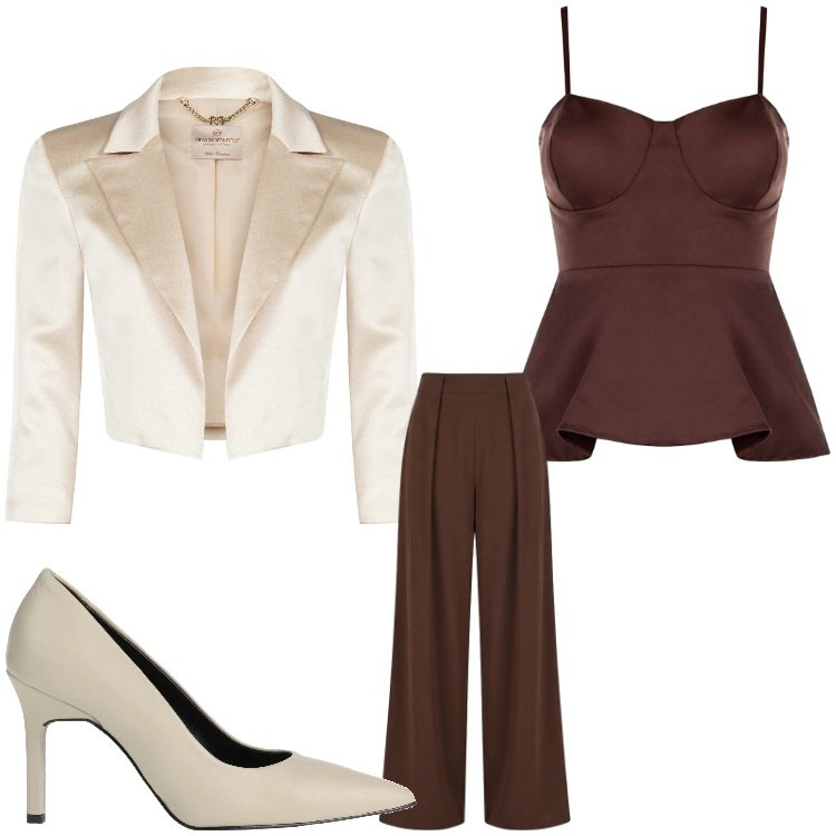 Outfit donna - Panna e caffe´. Stile Chic per Cerimonia. Abbinamento con décolleté, canottiere, bolero, pantaloni a palazzo.