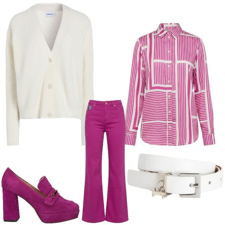Outfit donna - Optical. Stile Casual chic per Serata fuori. Abbinamento con cardigans, mocassini, cinture, camicie, pantaloni.