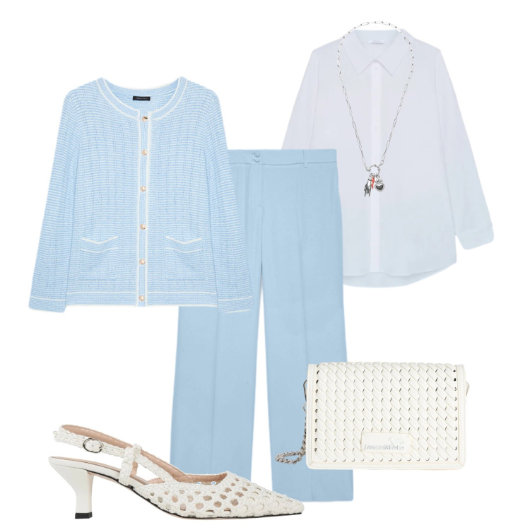 Outfit donna - Fiorella Rubino color cielo. Stile Glamour per Tutti i giorni. Abbinamento con décolleté, pantaloni, camicie, cardigans, borse a tracolla, ciondoli.