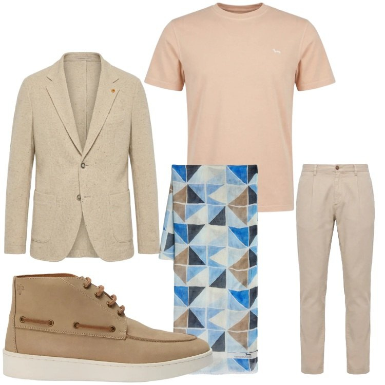 Outfit uomo - Sabbia. Stile Business/Elegante per Serata speciale. Abbinamento con sciarpe, t-shirt, pantaloni, stivali e stivaletti, giacche.