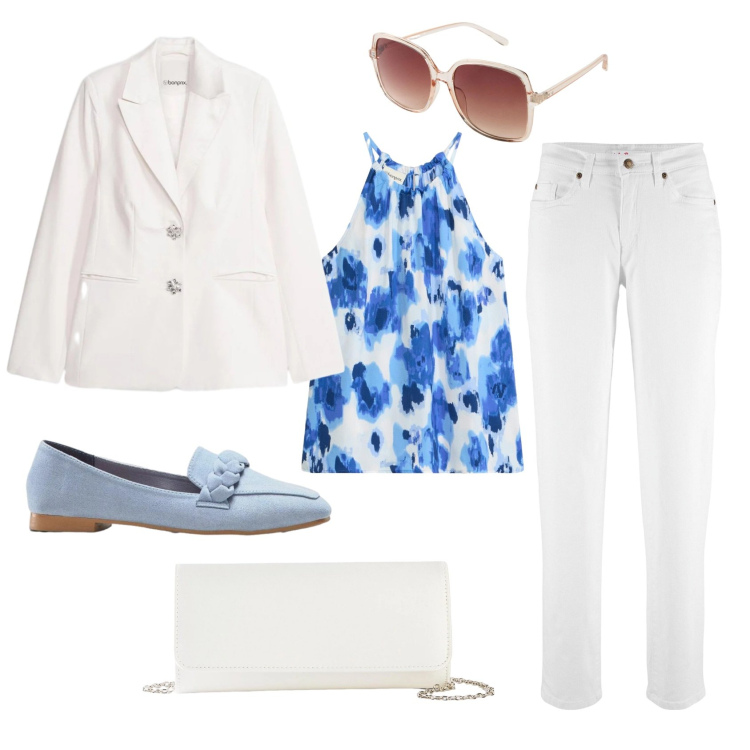 Outfit donna - Benvenuta primavera!. Stile Bon Ton per Cerimonia. Abbinamento con jeans mom, occhiali da sole, canottiere, mocassini, blazer, pochette.