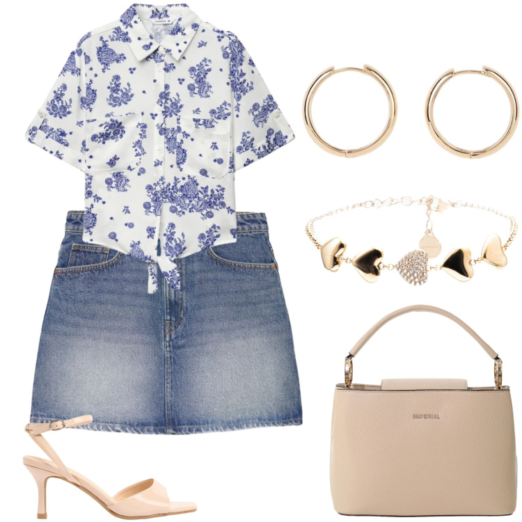 Outfit donna - Con le amiche. Stile Casual per Tutti i giorni. Abbinamento con orecchini, sandali col tacco, minigonne, camicie a manica corta, borse a secchiello, braccialetti.