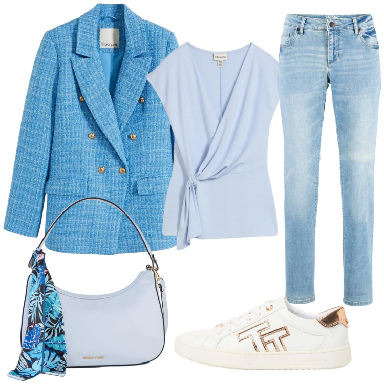 Outfit donna - Azzurro cielo. Stile Bon Ton per Tutti i giorni. Abbinamento con jeans dritti, blazer, borse a mano, canottiere, sneakers.