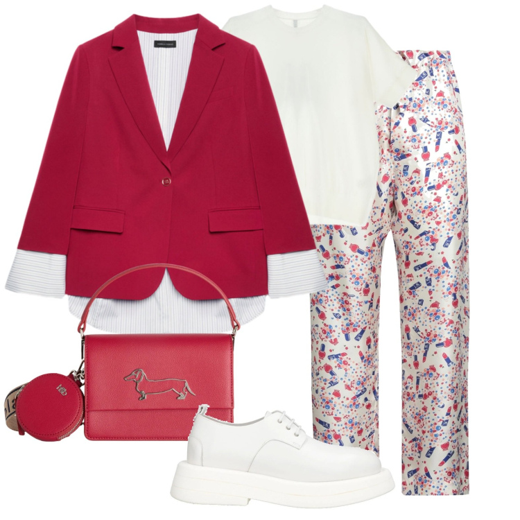 Outfit donna - Blazer rosso. Stile Trendy per Tutti i giorni. Abbinamento con pantaloni, scarpe stringate, t-shirt, blazer, borse a tracolla.