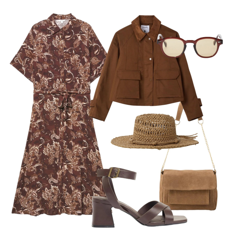 Outfit donna - Chemisier e sole primaverile. Stile Casual per Tutti i giorni. Abbinamento con sandali col tacco, borse a tracolla, cappotti, vestiti chemisier, occhiali da sole, cappelli.
