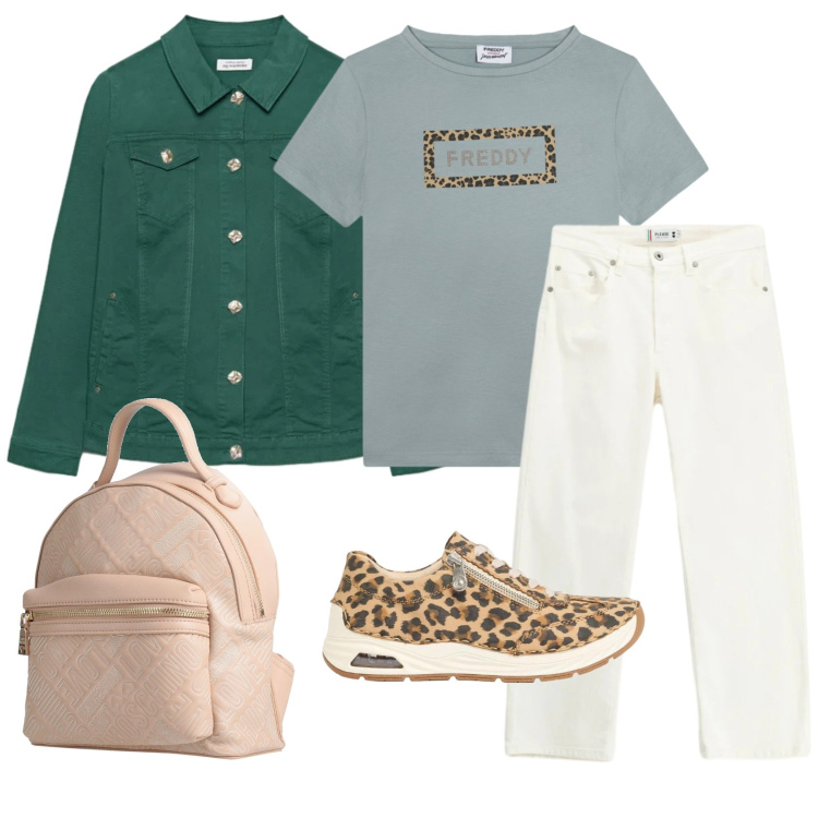 Outfit donna - Gita in campagna. Stile Casual per Tutti i giorni. Abbinamento con zaini, sneakers, blazer, pantaloni, t-shirt.