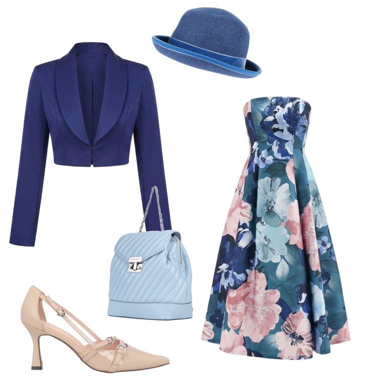 Outfit donna - Eleganza Floreale in Blu Notte. Stile Glamour per Cerimonia. Abbinamento con décolleté, zaini, cappelli, vestiti midi/longuette, bolero.
