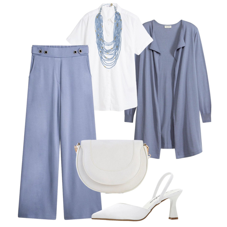 Outfit donna - Aperitivo blu fumé. Stile Glamour per Tutti i giorni. Abbinamento con camicie a manica corta, pantaloni, décolleté, borse a tracolla, cardigans, collane.