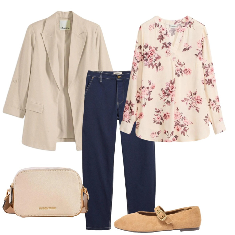Outfit donna - bonprix - Cool Spring. Stile Bon Ton per Tutti i giorni. Abbinamento con pantaloni, blazer, borse a tracolla, bluse, ballerine.