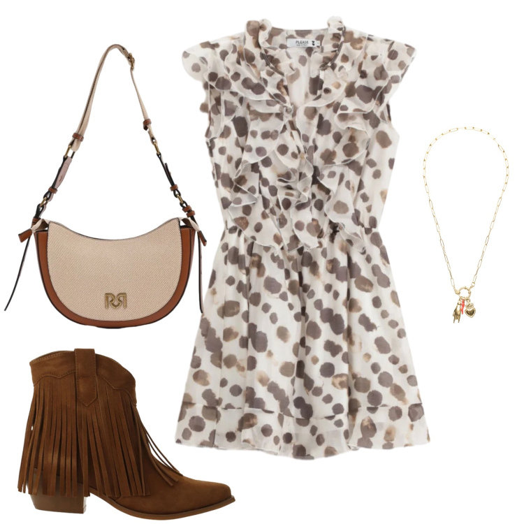 Outfit donna - Incanto Boho e Sfumature Terrose. Stile Boho per Tutti i giorni. Abbinamento con vestiti lunghi, stivaletti texani, borse a tracolla, ciondoli.