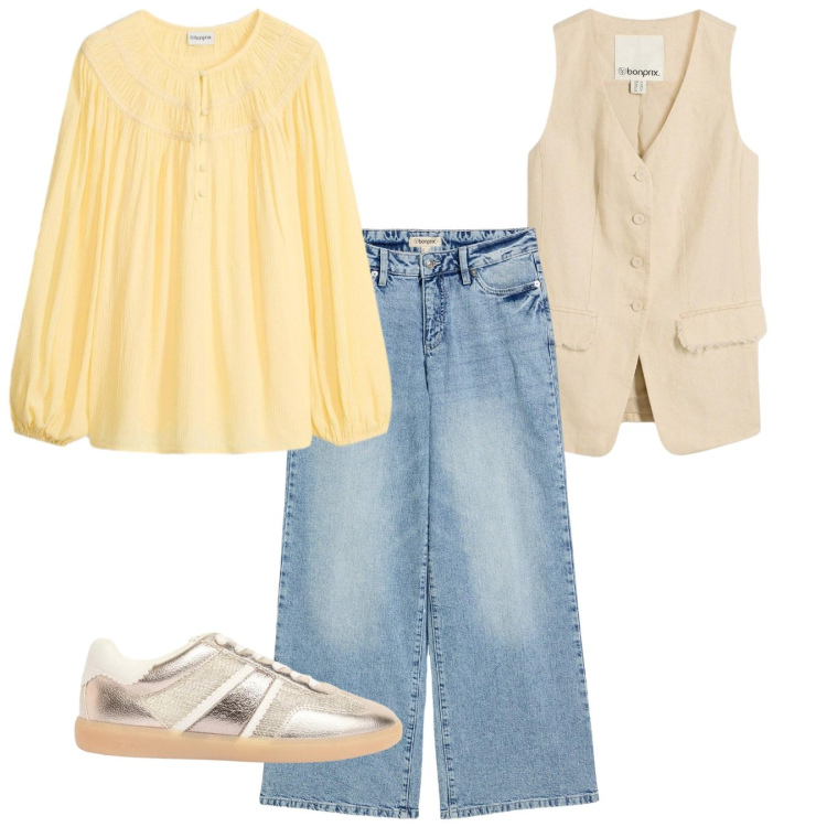 Outfit donna - bonprix - Cool Spring. Stile Bon Ton per Tutti i giorni. Abbinamento con bluse, jeans, sneakers, gilet.