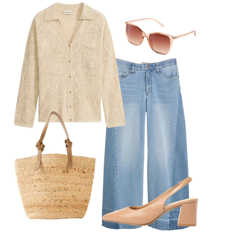 Outfit donna - bonprix - Cool Spring. Stile Bon Ton per Tutti i giorni. Abbinamento con décolleté, cardigans, occhiali da sole, jeans, shopping bag.