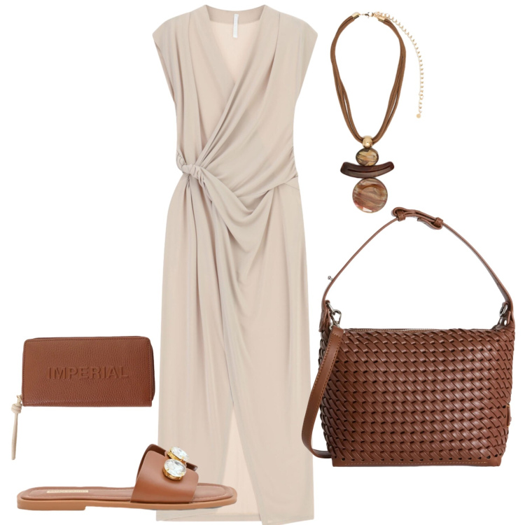 Outfit donna - Minimalismo Mediterraneo. Stile Glamour per Tutti i giorni. Abbinamento con vestiti lunghi, portafogli, sandali gioiello, ciondoli, borse a spalla.