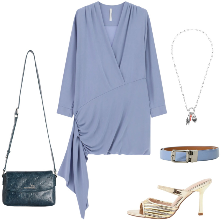 Outfit donna - Armonia Cerulea e Riflessi Dorati. Stile Casual chic per Tutti i giorni. Abbinamento con borse a tracolla, vestiti corti, cinture, sabot, ciondoli.