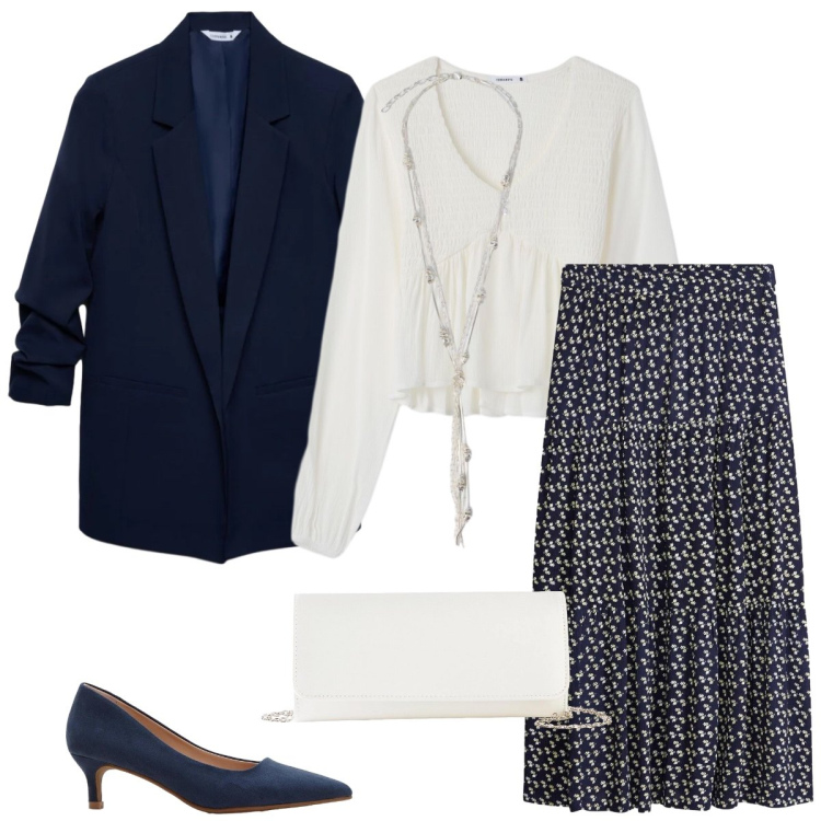 Outfit donna - Pranzo formale. Stile Chic per Tutti i giorni. Abbinamento con gonne lunghe, décolleté, pochette, bluse, blazer, collane.