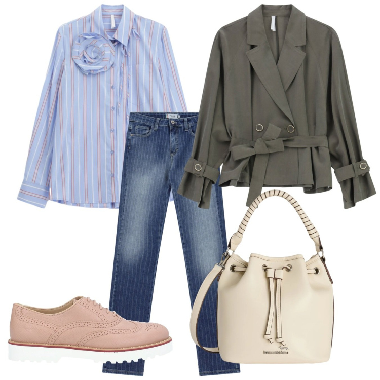 Outfit donna - Sporty-chic in chiave primaverile. Stile Bon Ton per Tutti i giorni. Abbinamento con scarpe stringate, camicie, blazer, jeans, borse a secchiello.