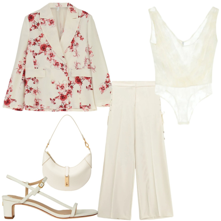 Outfit donna - Beige e FIORI DI PESCO. Stile Glamour per Serata fuori. Abbinamento con pantaloni, top, blazer, borse a spalla, sandali in pelle.