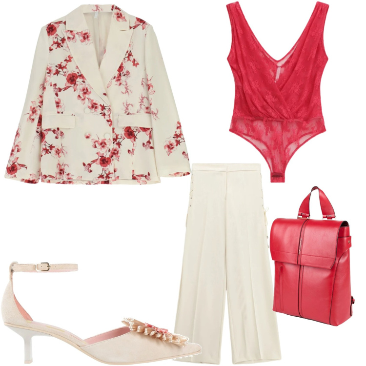 Outfit donna - Rosso porpora e beige. Stile Bon Ton per Serata fuori. Abbinamento con décolleté, zaini, top, pantaloni, blazer.