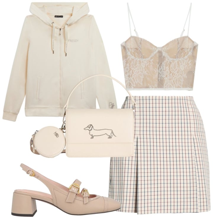 Outfit donna - Sporty-chic in chiave primaverile. Stile Sporty chic per Tutti i giorni. Abbinamento con décolleté, gonne sportive, canottiere, borse a tracolla, felpe sportive.