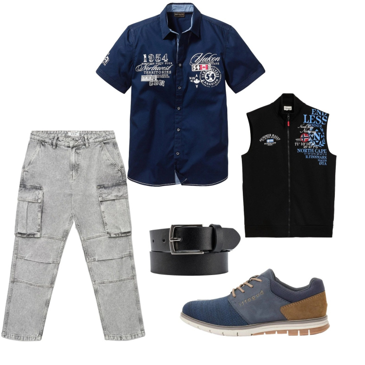 Outfit uomo - Total look #2385319. Stile Casual per Serata speciale. Abbinamento con camicie a manica corta, scarpe stringate, gilet, jeans, cinture.