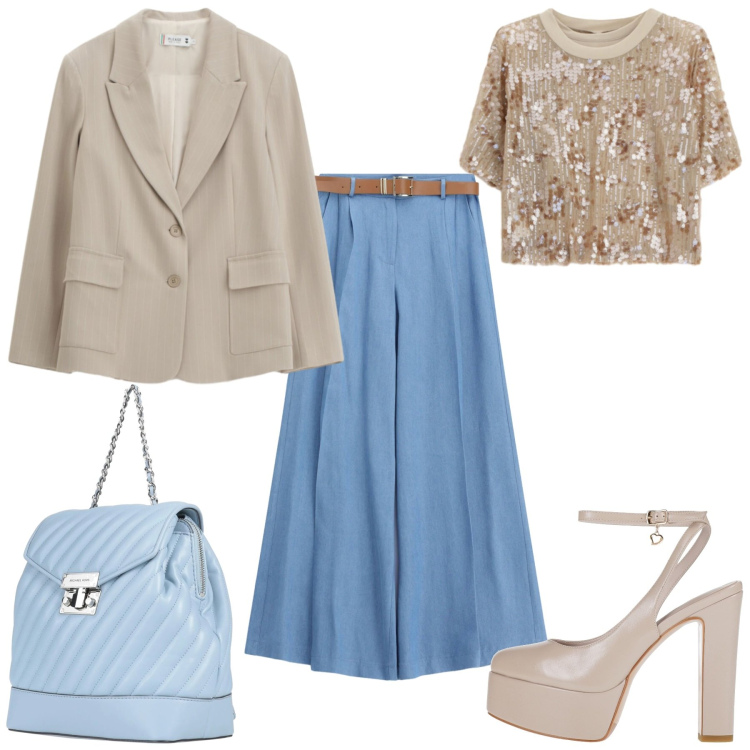 Outfit donna - Tinte unite a contrasto. Stile Casual chic per Cerimonia. Abbinamento con zaini, décolleté, blazer, t-shirt, jeans.