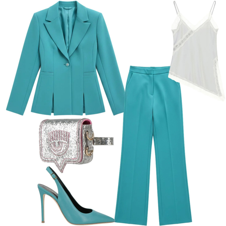 Outfit donna - Questa primavera si veste color \'TEAL\'. Stile Chic per Cerimonia. Abbinamento con marsupi, décolleté, canottiere, pantaloni a palazzo, blazer.