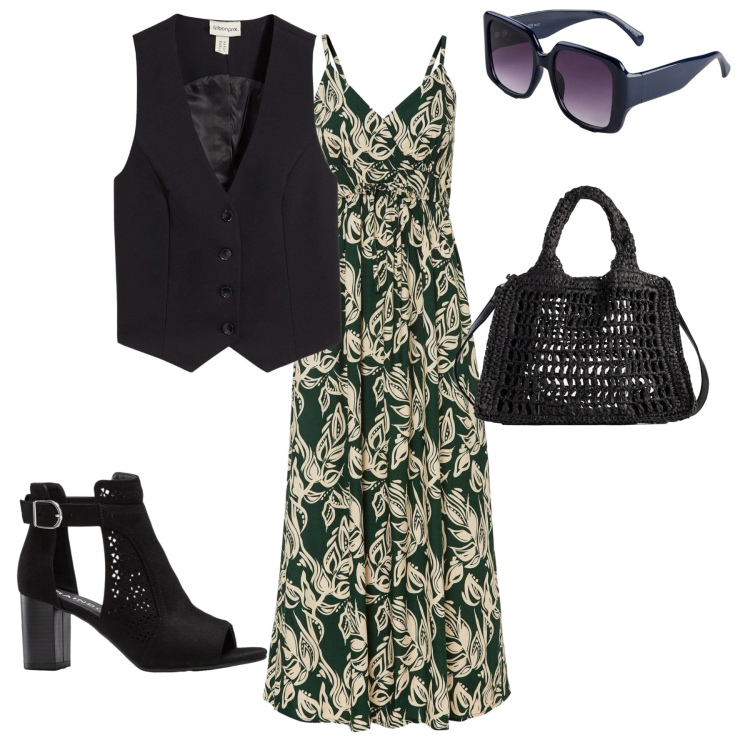 Outfit donna - Un po\' chic. Stile Urban per Scuola/Università. Abbinamento con vestiti lunghi, gilet, borse a tracolla, occhiali da sole, sandali col tacco.