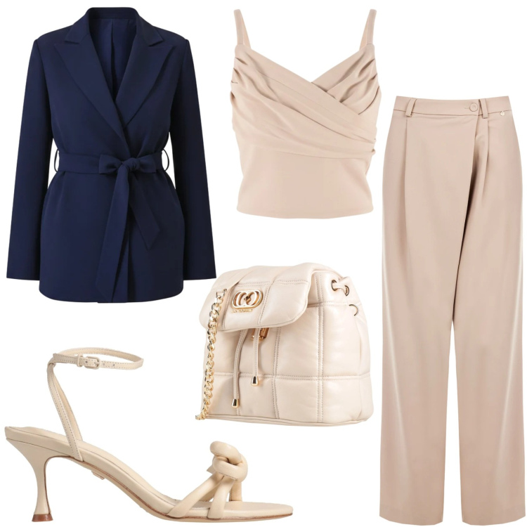 Outfit donna - Aperitivando. Stile Bon Ton per Serata fuori. Abbinamento con valigie, sandali in pelle, pantaloni a palazzo, canottiere, blazer.