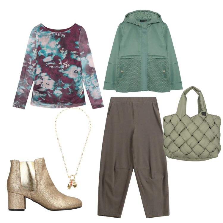 Outfit donna - Comoda. Stile Basic per Tutti i giorni. Abbinamento con stivaletti chelsea, t-shirt, blazer, pantaloni a palazzo, ciondoli, borse tote.