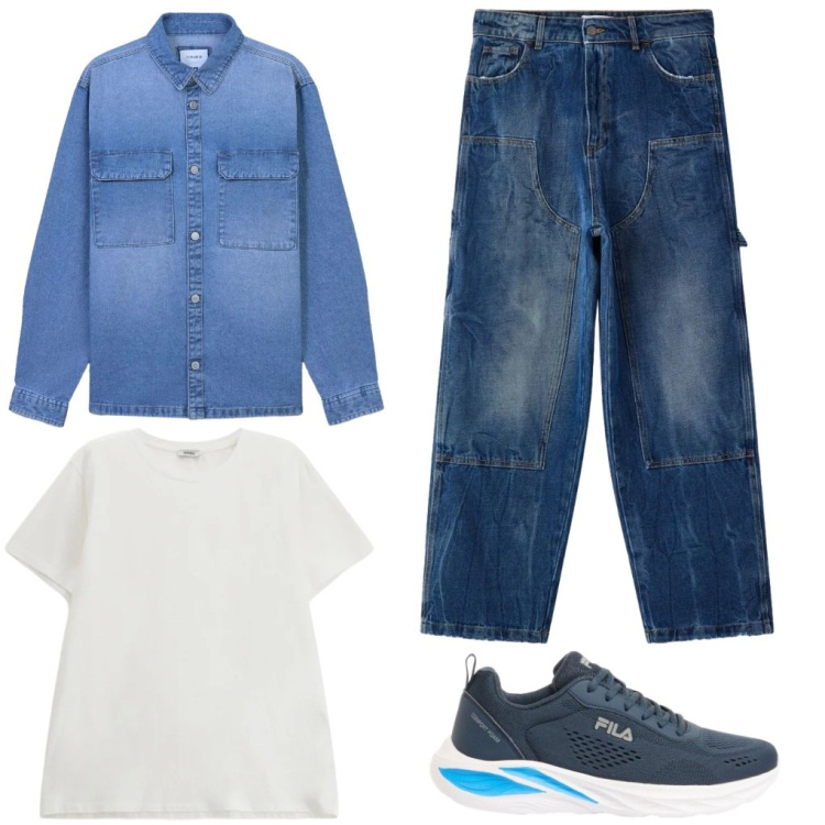 Outfit uomo - #denim.&.denim. Stile Urban per Tutti i giorni. Abbinamento con sneakers, cappotti, jeans dritti, t-shirt.