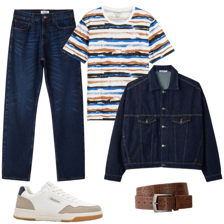 Outfit uomo - #a.righe. Stile Urban per Tutti i giorni. Abbinamento con cinture, t-shirt, sneakers, cappotti, jeans dritti.