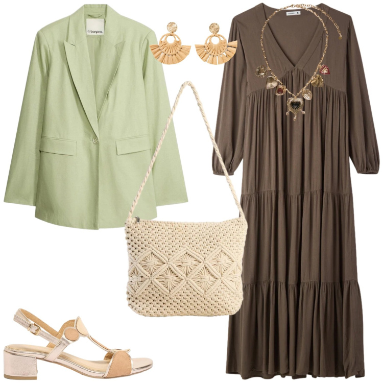 Outfit donna - Boho vibes. Stile Boho per Tutti i giorni. Abbinamento con borse a tracolla, sandali col tacco, blazer, orecchini, vestiti lunghi, collane.