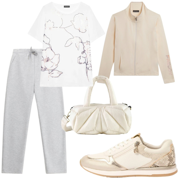 Outfit donna - Fuori porta e comfort. Stile Urban per Scuola/Università. Abbinamento con sneakers, t-shirt, pantaloni sportivi, felpe sportive, borse a mano.