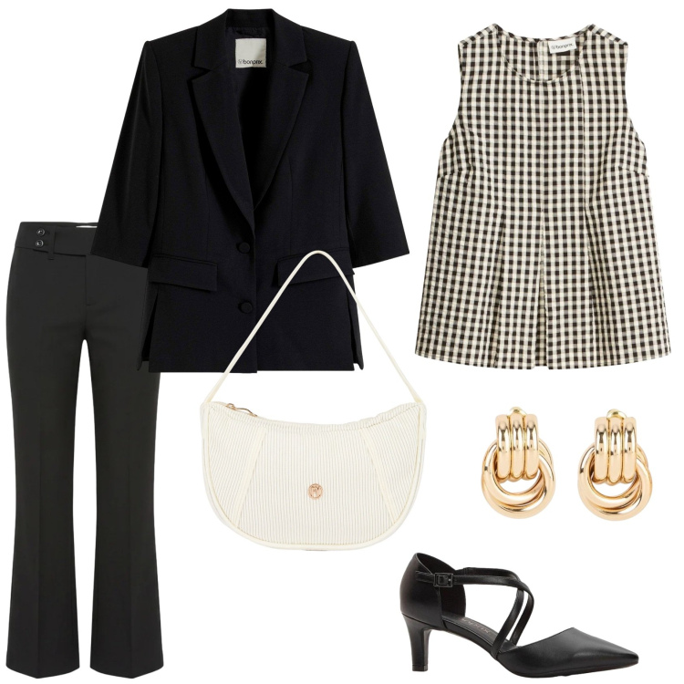 Outfit donna - Lo stile Bon Ton. Stile Bon Ton per Tutti i giorni. Abbinamento con canottiere, blazer, orecchini, décolleté, pantaloni, borse a mano.