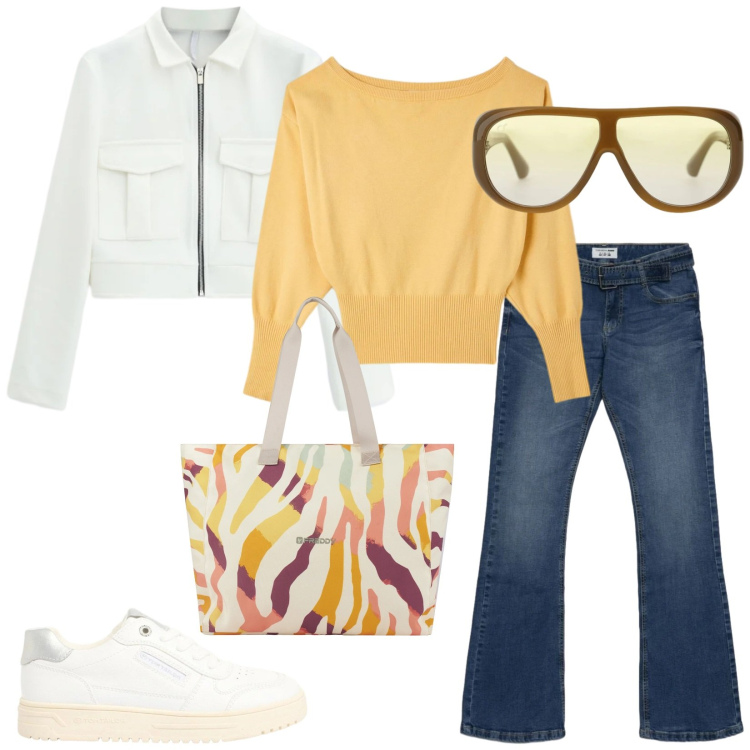 Outfit donna - Total look #2385352. Stile Casual chic per Tutti i giorni. Abbinamento con sneakers, pullovers, jeans a zampa, occhiali da sole, cappotti, shopping bag.