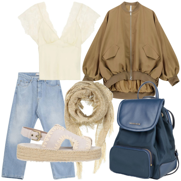 Outfit donna - Un weekend fuori città. Stile Basic per Tutti i giorni. Abbinamento con espadrillas, zaini, stole, jeans, bomber, canottiere.