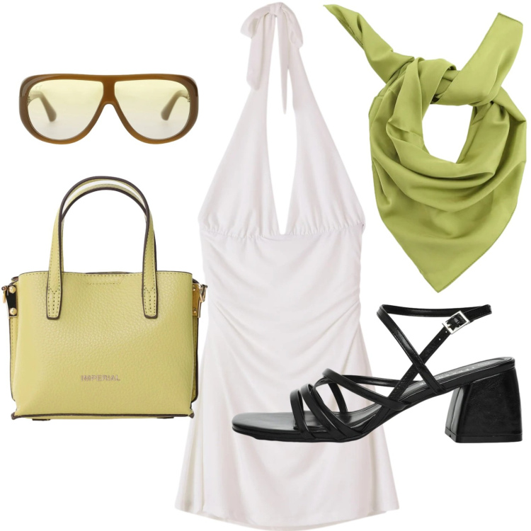 Outfit donna - L\'abito all\'americana. Stile Casual per Tutti i giorni. Abbinamento con vestiti corti, sandali col tacco, borse a tracolla, occhiali da sole, foulard.