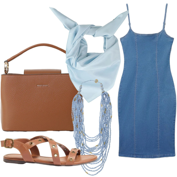 Outfit donna - Denim estivo. Stile Glamour per Tutti i giorni. Abbinamento con sandali, vestiti midi/longuette, borse a secchiello, collane, foulard.