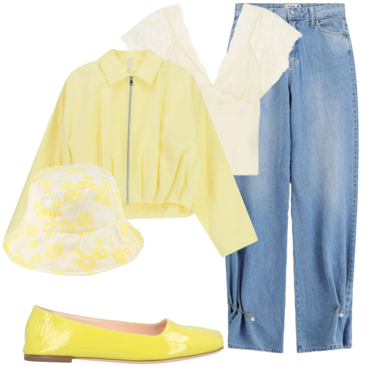 Outfit donna - Giallo limone. Stile Casual chic per Tutti i giorni. Abbinamento con ballerine, cappelli, jeans, bomber, canottiere.
