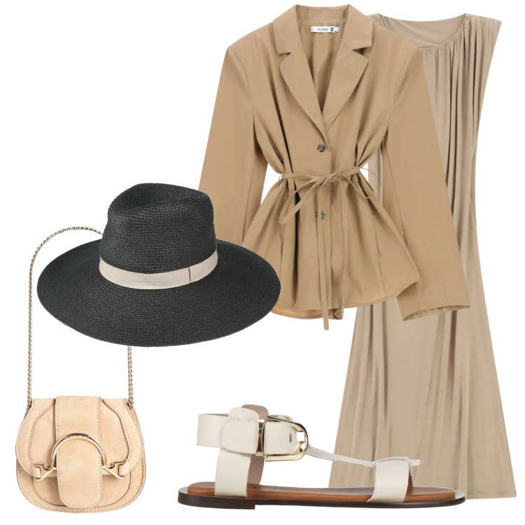 Outfit donna - Invito a pranzo al mare. Stile Casual chic per Serata fuori. Abbinamento con marsupi, sandali alla schiava, cappelli, blazer, vestiti lunghi.