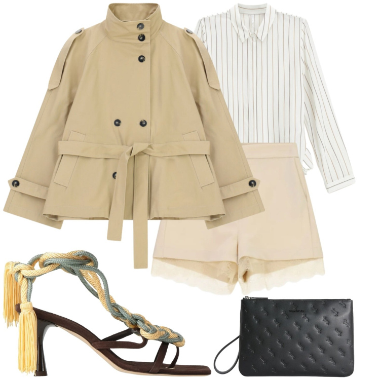 Outfit donna - Aperitivo sabato sera Aprile. Stile Mannish per Serata fuori. Abbinamento con ciabatte, trench, shorts, camicie, anelli.