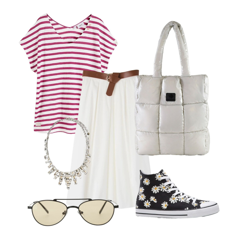 Outfit donna - Mix & match. per Tutti i giorni. Abbinamento con maglieria, sneakers, gonne longuette, collane, occhiali da sole, shopping bag.