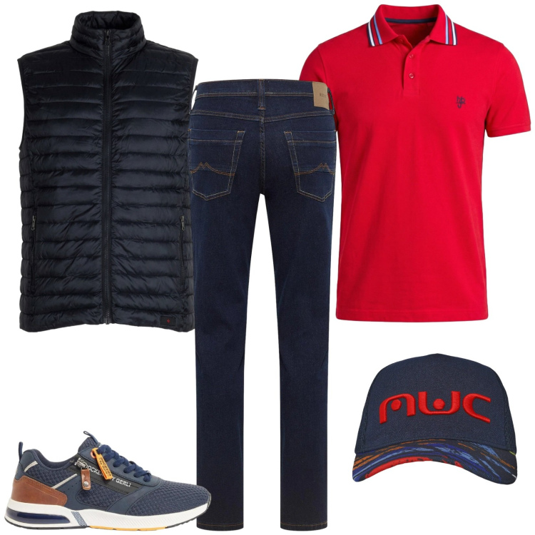 Outfit uomo - Gita fuori porta. Stile Casual per Tutti i giorni. Abbinamento con jeans dritti, sneakers, cappelli con visiera, polo, piumini.