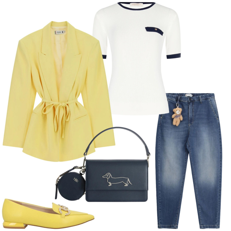 Outfit donna - Total look #2385386. Stile Glamour per Serata fuori. Abbinamento con mocassini, t-shirt, jeans, blazer, borse a tracolla.