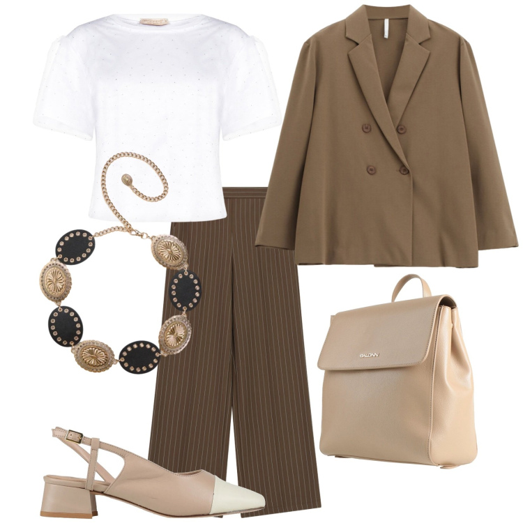 Outfit donna - Total look #2385390. Stile Chic per Ufficio. Abbinamento con décolleté, zaini, cinture, blazer, pantaloni a palazzo, t-shirt.