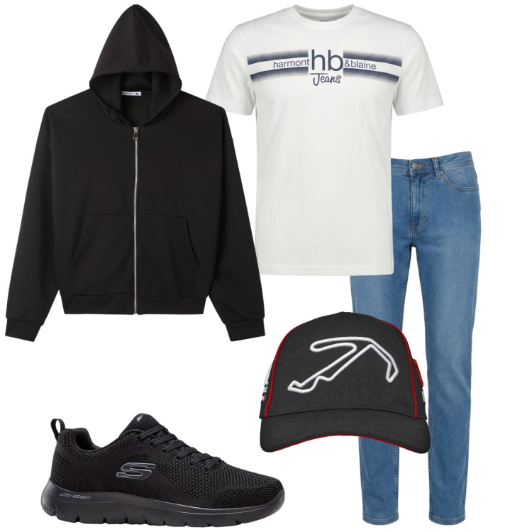 Outfit uomo - Total look #2385392. Stile Urban per Tutti i giorni. Abbinamento con sneakers, cappelli con visiera, felpe con cappuccio, jeans, t-shirt.