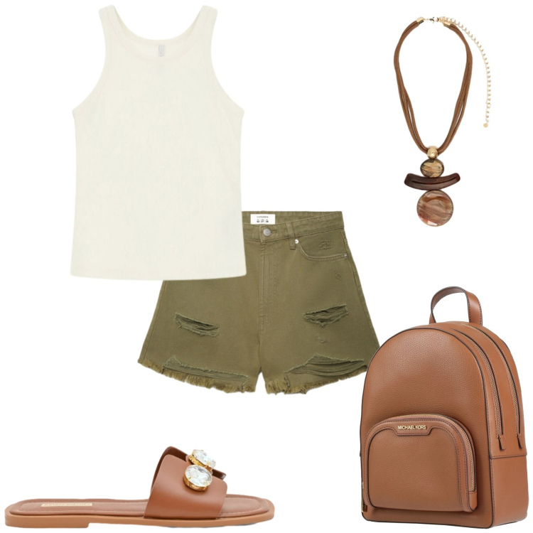 Outfit donna - Estate calda. Stile Casual per Tutti i giorni. Abbinamento con zaini, shorts, top, sandali gioiello, ciondoli.