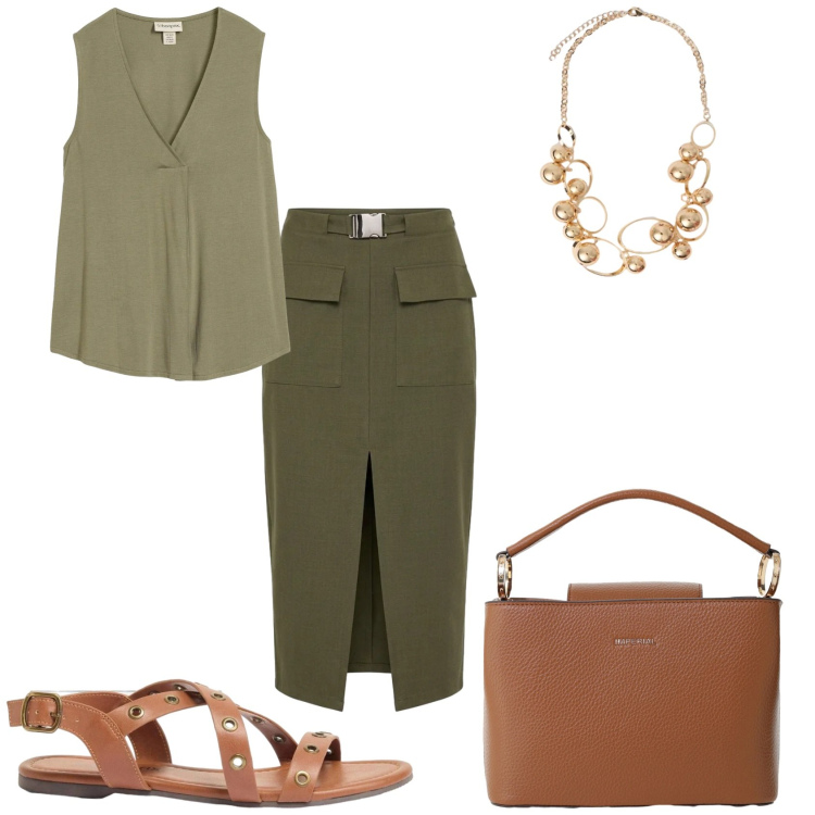 Outfit donna - Estate. Stile Casual chic per Tutti i giorni. Abbinamento con canottiere, sandali, gonne longuette, borse a secchiello, collane.