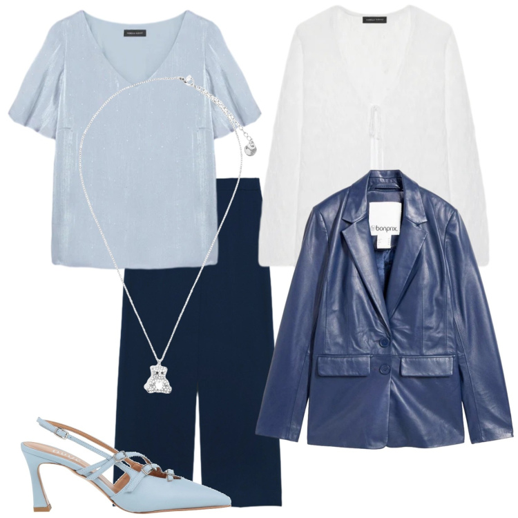Outfit donna - Mezza stagione. Stile Casual chic per Serata fuori. Abbinamento con décolleté, blazer, bluse, cardigans, pantaloni, ciondoli.